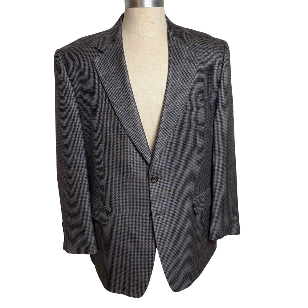 Chaps Mens 46R Silk Blazer Grey Blue Houndstooth Two Button Sport Coat 100% Silk